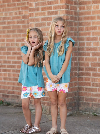Girls Teal Retro Happy Flower Spring Summer Short Set