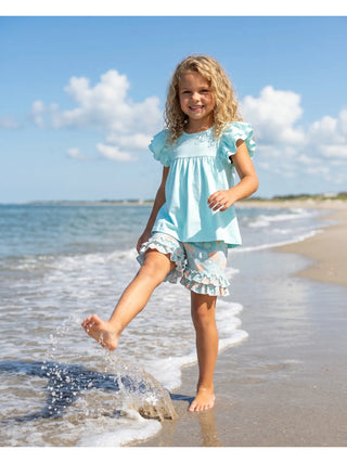 Kids Sophia Light Teal Floral Summer Spring Ruffle Short Set