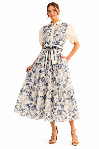Women’s Blue and White Floral Midi Dress with Puff Sleeves, Collared Neckline and Adjustable Tie Waist 