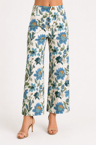 Women’s blue floral high-rise wide leg pants with front patch pockets and relaxed fit.
