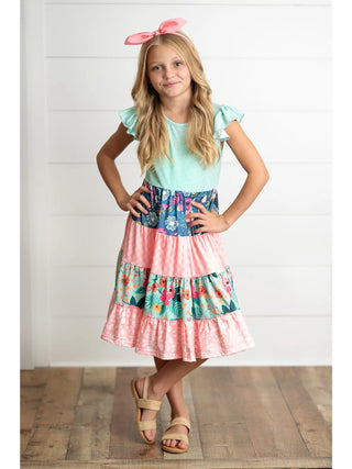 Girls Ava Mint Pink Spring Summer Floral Tiered Dress