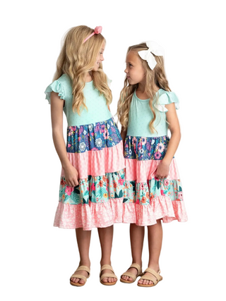 Girls Ava Mint Pink Spring Summer Floral Tiered Dress