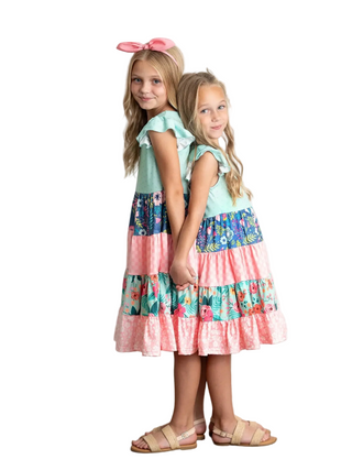 Girls Ava Mint Pink Spring Summer Floral Tiered Dress