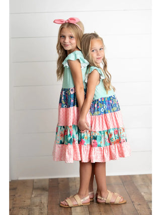 Girls Ava Mint Pink Spring Summer Floral Tiered Dress