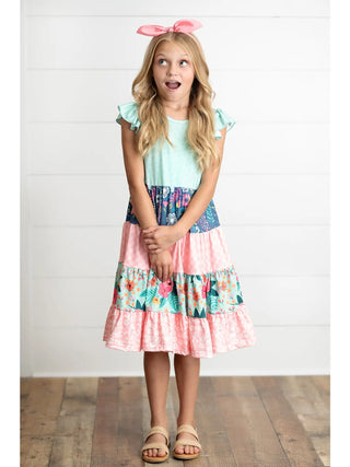 Girls Ava Mint Pink Spring Summer Floral Tiered Dress