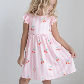 Girls Claire Pink Stripe Cherry Spring Summer Twirl Dress
