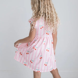 Girls Claire Pink Stripe Cherry Spring Summer Twirl Dress