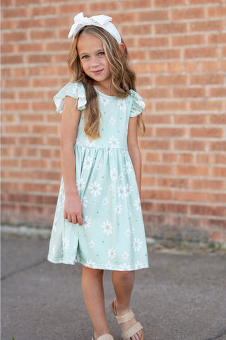 Girls Claire Sage Daisy Spring Flutter Sleeve Dress