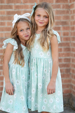 Girls Claire Sage Daisy Spring Flutter Sleeve Dress