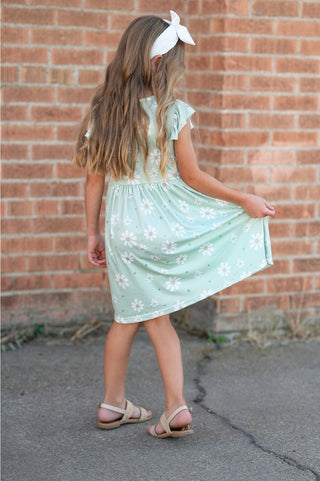 Girls Claire Sage Daisy Spring Flutter Sleeve Dress