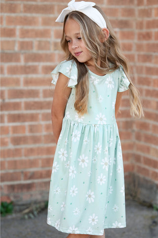 Girls Claire Sage Daisy Spring Flutter Sleeve Dress