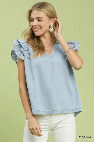 Chambray Ruffled Top