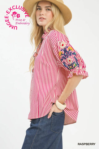 Embroidered Ruffle Trim Stripe Blouse