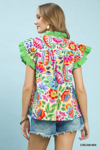 Ruffle Trim Paisley Floral Top