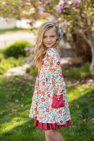 Kids Cream & Burgundy Floral Ruffle Fall Dress