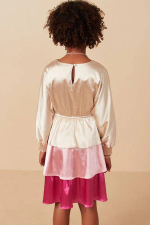 Girls Color Block Tiered Skirt Satin Dress: Pink Mix