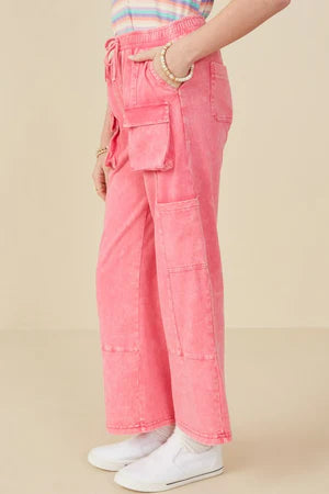 Girls Washed Cargo Pocket Detail Wide Leg Knit Pants