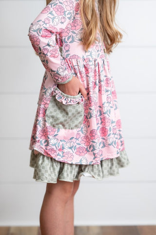 Girls Rose Floral Sage Check Ruffle Pocket Dress