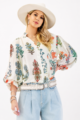 Women’s ivory botanical floral blouse with balloon sleeves and button-front neckline | CeCe Boutique
