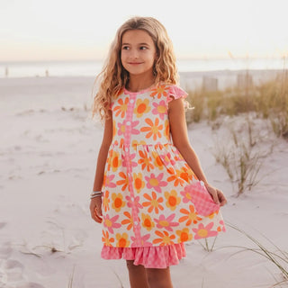 Girls Pink & Tangerine Retro Flower Check Pocket Dress